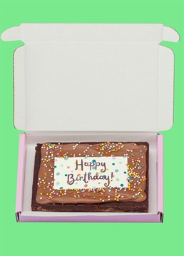 <p>Introducing the baked delights of Simply Cake Co: the perfect treats to make an occasion extra special (and sweet), delivered directly through your loved one's letterbox!</p><p>Why just send a card when you can send them a mind-blowingly good brownie as well? Go the extra mile on their birthday and treat your loved one with a super gooey, sharing-size slab of chocolate brownie that'll make their day VERY happy indeed! This indulgent brownie slab is topped with real Belgian chocolate, rainbow sprinkles, and an edible 'Happy Birthday!' design for the finishing touch!</p><p>These are handmade in the UK with the best ingredients including proper butter, free-range eggs, Belgian chocolate AND gluten free flour so that more people can enjoy their great taste! Simply Cake Co. baked goods&nbsp;are packed full of chocolate, which gives them a shelf life of a good 10 days on arrival. Keep them wrapped up tight, or freeze if you want to keep them longer! Serves 4.</p><p><strong>Please note that this product is fulfilled by our partner Simply Cake Co. and therefore will be sent separately to our other cards and gifts.</strong></p><p>Ingredients:</p><p>Made in a bakery that handles&nbsp;<strong>MILK, EGGS, SOYA, NUTS &amp; PEANUTS</strong>&nbsp;therefore may contain traces. Coeliac-friendly. Not suitable for vegetarians.Caster sugar, Chocolate (Cocoa mass, Sugar, Cocoa butter, whole MILK powder, emulsifier SOY Lecithin, Natural Vanilla flavouring), White Chocolate (Sugar, Cocoa butter, whole MILK powder, emulsifier SOY Lecithin, Natural Vanilla flavouring), Butter (MILK), free-range EGG, gluten-free flour blend (pea, rice, potato, tapioca, maize, buckwheat), cocoa powder, salt, xanthan gum, sprinkles (Sugar, Corn Starch, Maltodextrin, Colours, (E100 Turmeric, E160c Paprika, E163 Anthocyanins, E171 Titanium Dioxide), Glazing agent (Carnauba Wax), Spirulina Extract, Stabilizers (Gum Arabic), Anti-caking agent (Potassium Aluminium Silicate)), wafer paper (Potato Starch, Water, Olive Oil, maltodextrin) icing (Water, starch (maize), dried glucose syrup, humectant: glycerine, sweetner: sorbitol, colour: titanium dioxide, vegetable oil (rapeseed), thickener: cellulose, emulsifier: polysorbate 80 flavouring, vanillin, sucralose), colourings(water, humectant, E1520, E422, food colouring ( e120, e122, acidity regulator e330, e151, e110, e102).</p><p><strong>For allergens please see above in bold.</strong></p>